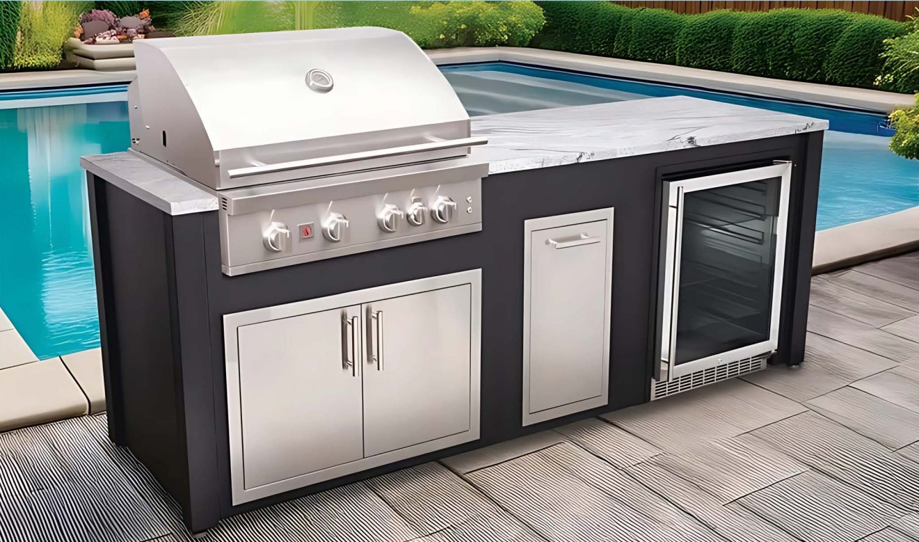 COKI 8 Foot Outdoor Kitchen Island with Grill -  Dual Access Doors -  Trash Drawer -  and Griddle