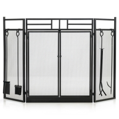 Costway 49 Inch Three Panel Wrought Iron Fireplace Screen with Tools