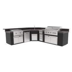 Videl 144 Inch Maestro L-Shaped Kitchen Island with Grill -  Burner -  Griddle -  Refrigerator and Sink
