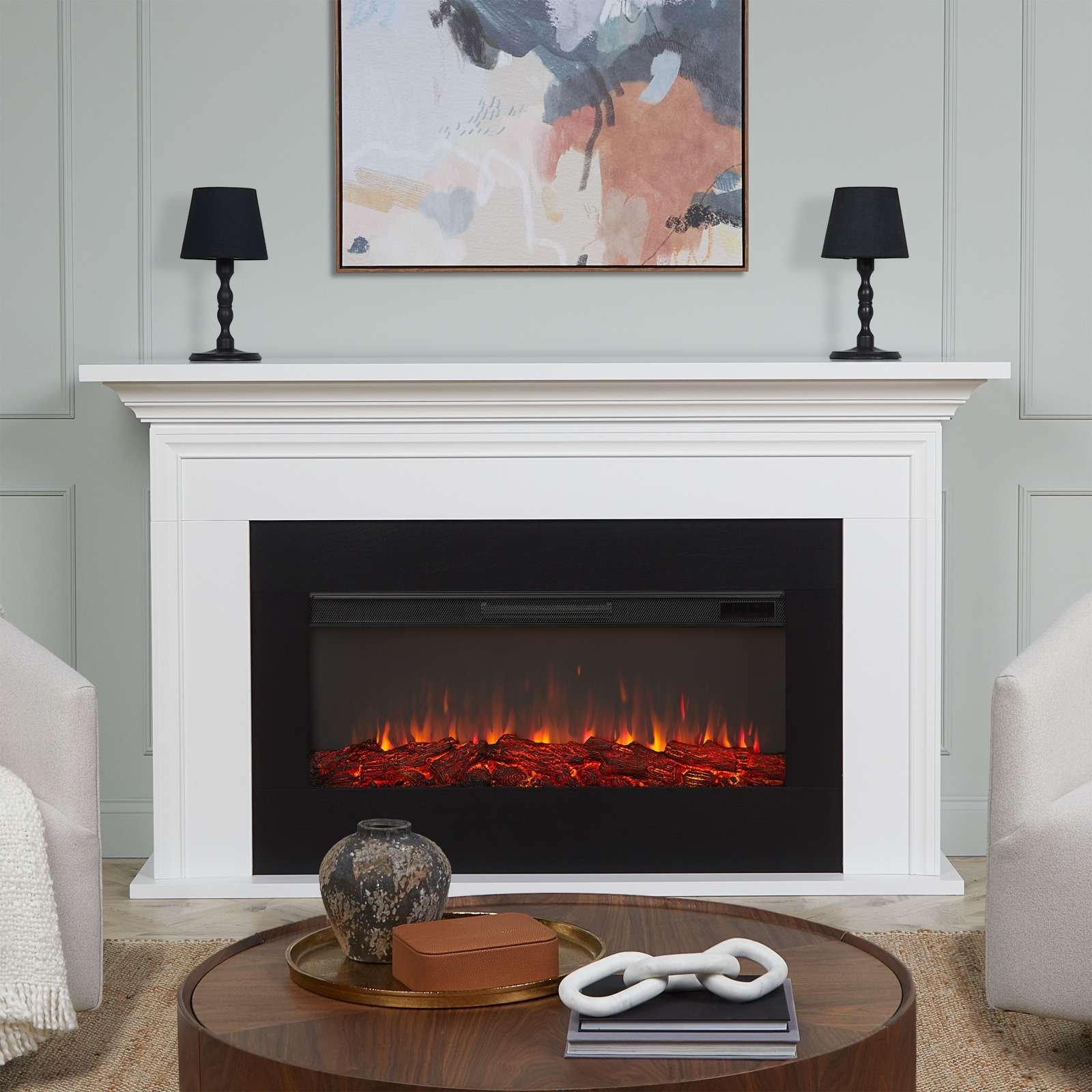 Real Flame 76 Inch Cleo Landscape Smart Electric Fireplace with Mantel