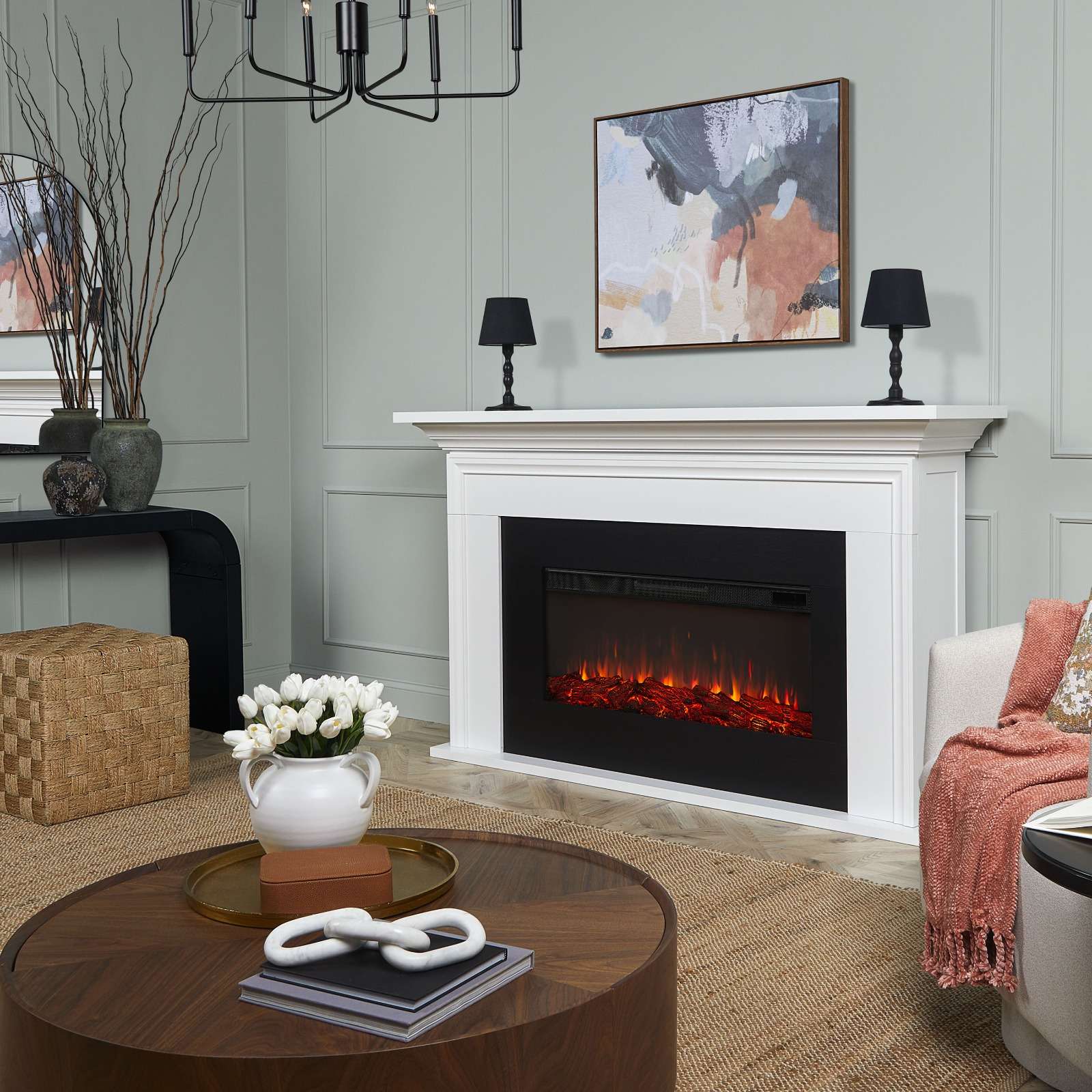 Real Flame 76 Inch Cleo Landscape Smart Electric Fireplace with Mantel