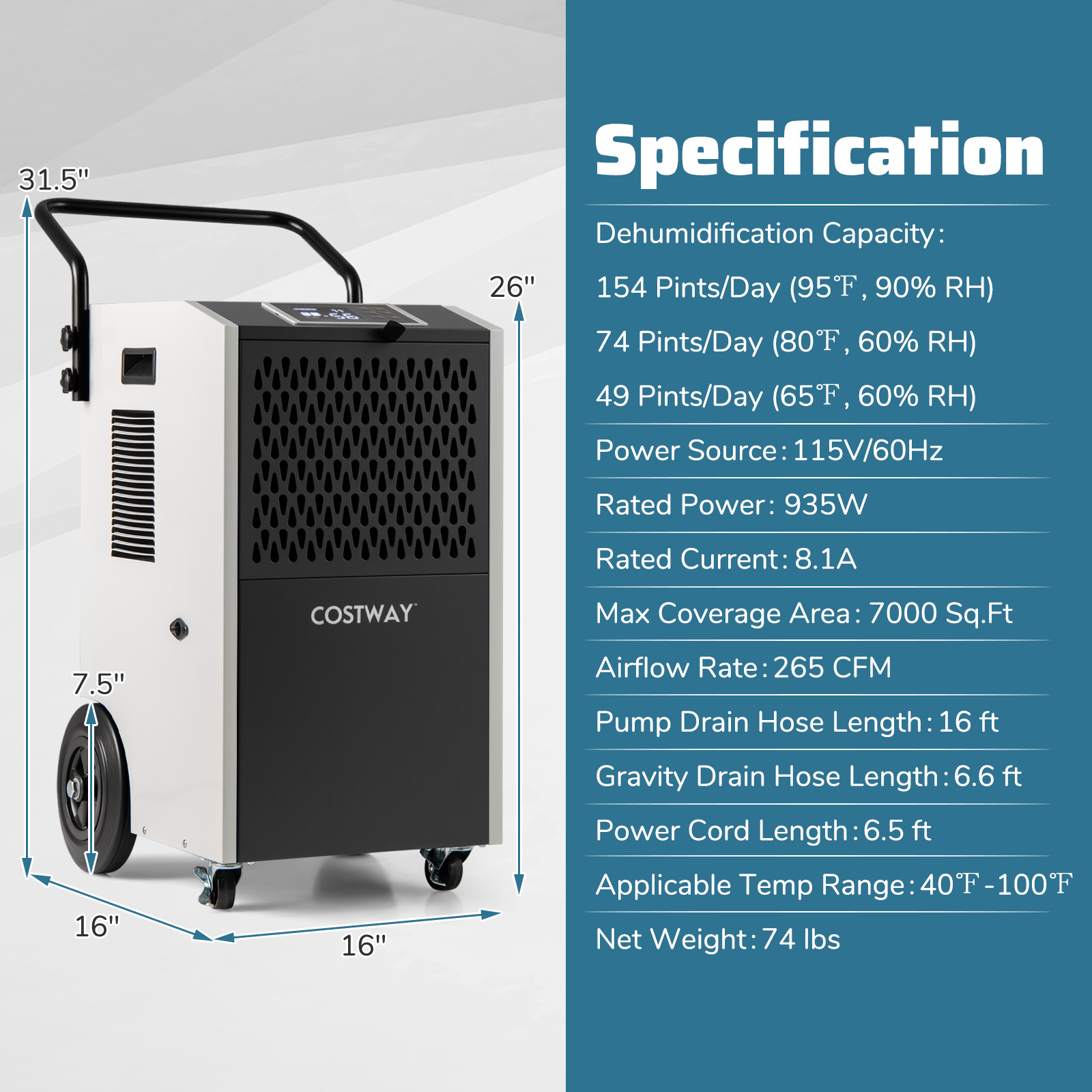 Costway 26 Inch 154 Pint Commercial Dehumidifier with Pump and Drain Hose