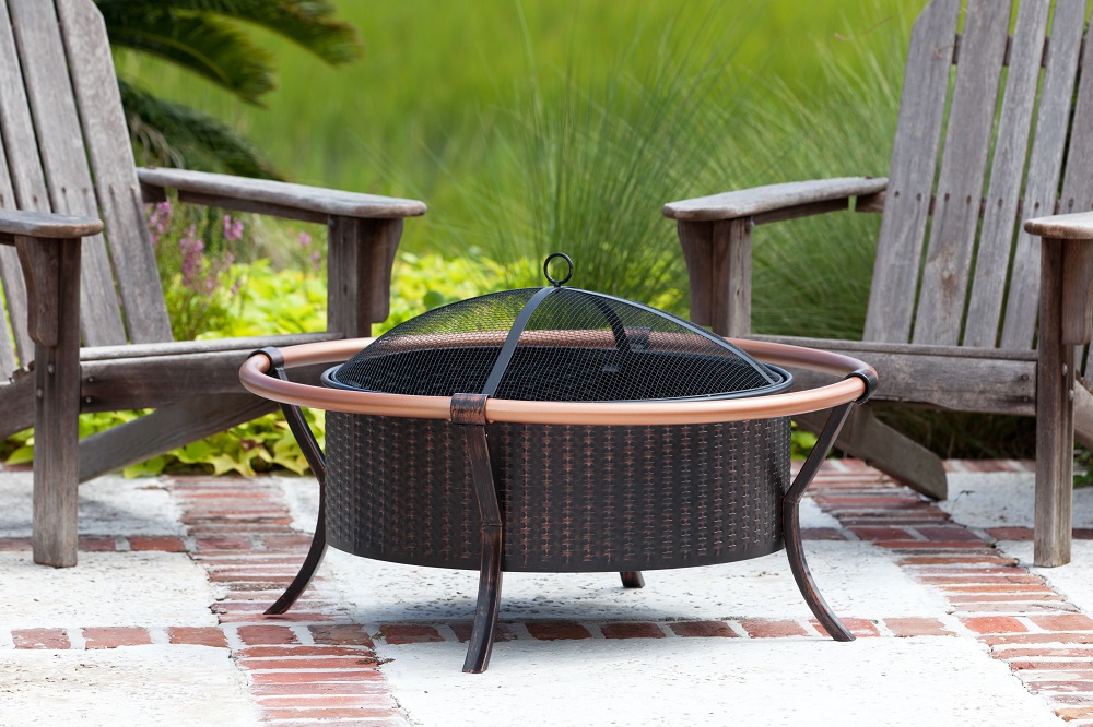 Fire Sense 37 Inch Antique Bronze Weave Wood Burning Fire Pit with Copper Rail