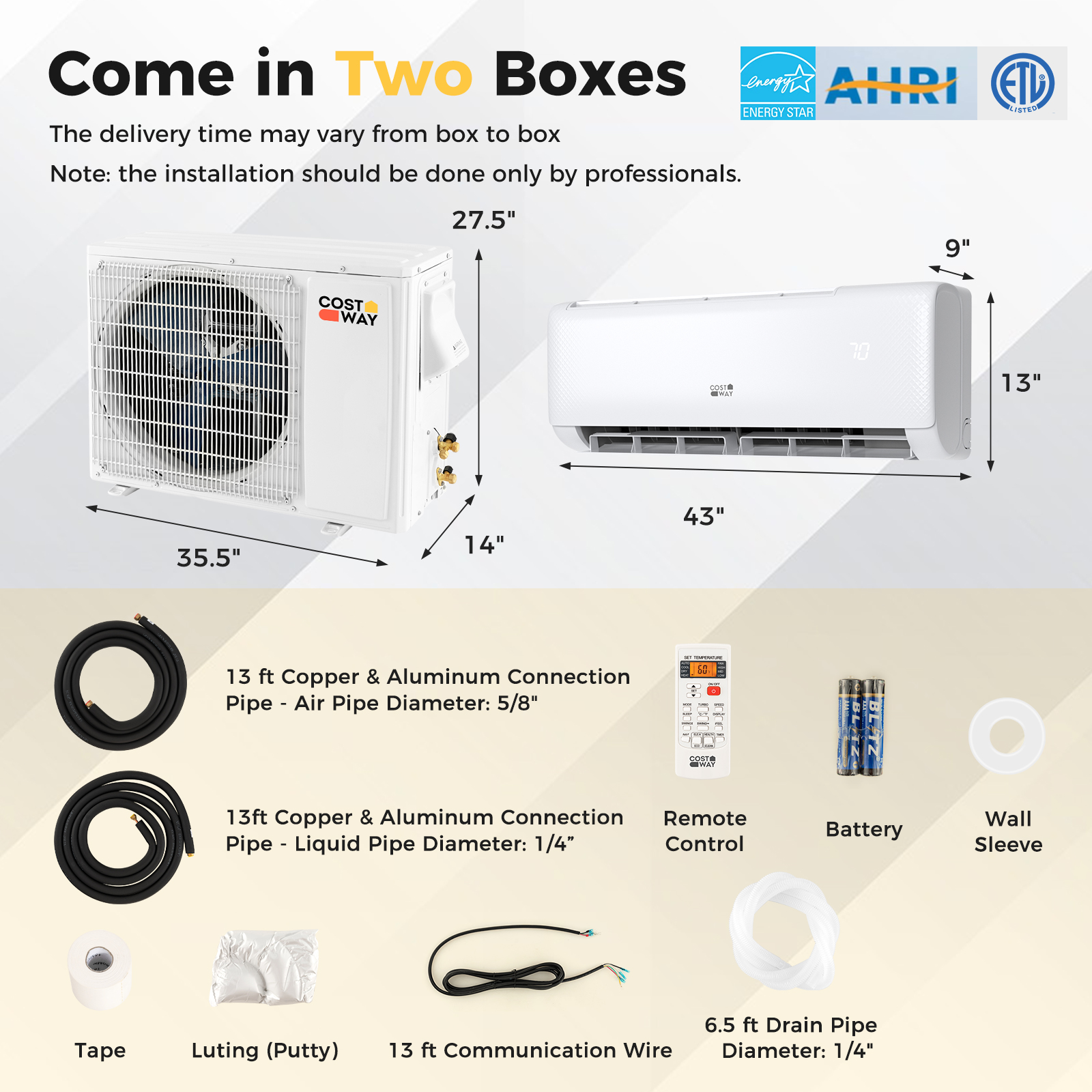 Costway 24K BTU R-32 Airtural Energy Star Single-Zone Ductless Mini Split Package - 208/230V