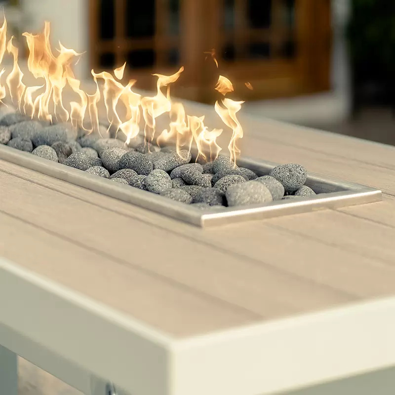 The Outdoor Plus 84 Inch Golden Oak Aluminum Alameda Fire Table - Fire Glow Ignition