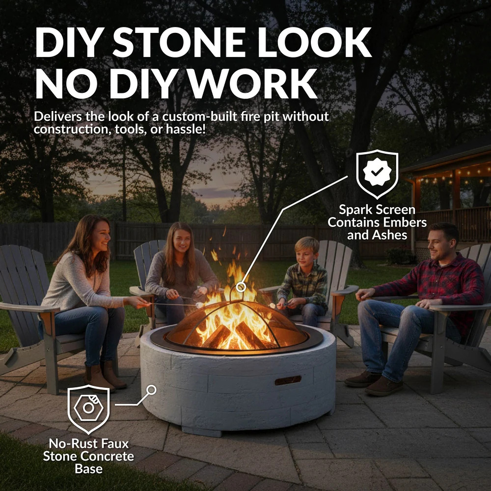 Sunnydaze 36 Inch Faux Stone Wood Burning Fire Pit with Spark Screen
