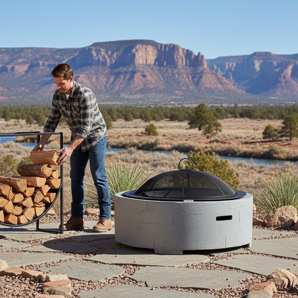 Sunnydaze 36 Inch Faux Stone Wood Burning Fire Pit with Spark Screen