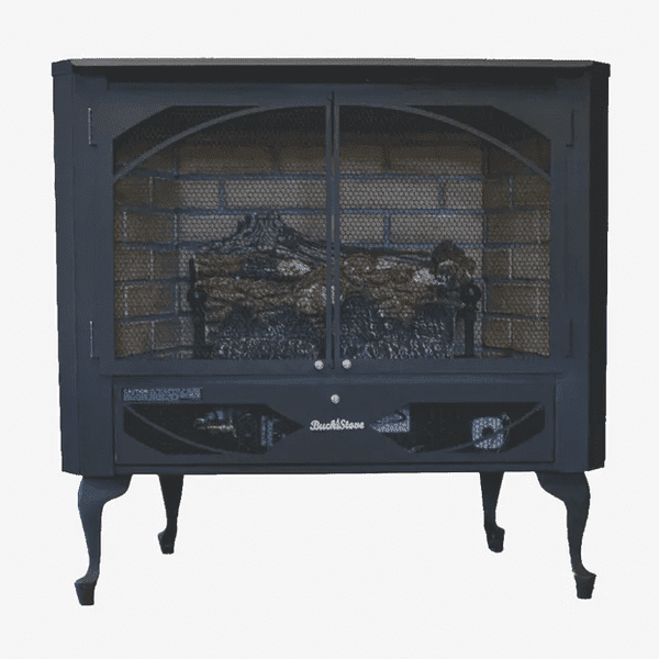 Buck Stove Classic Corner Fireplace Mantel with Model 384 Vent Free Gas Heating Stove