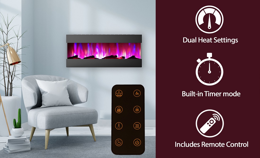 Cambridge 50 Inch Recessed Wall Mount Electric Fireplace with Logs