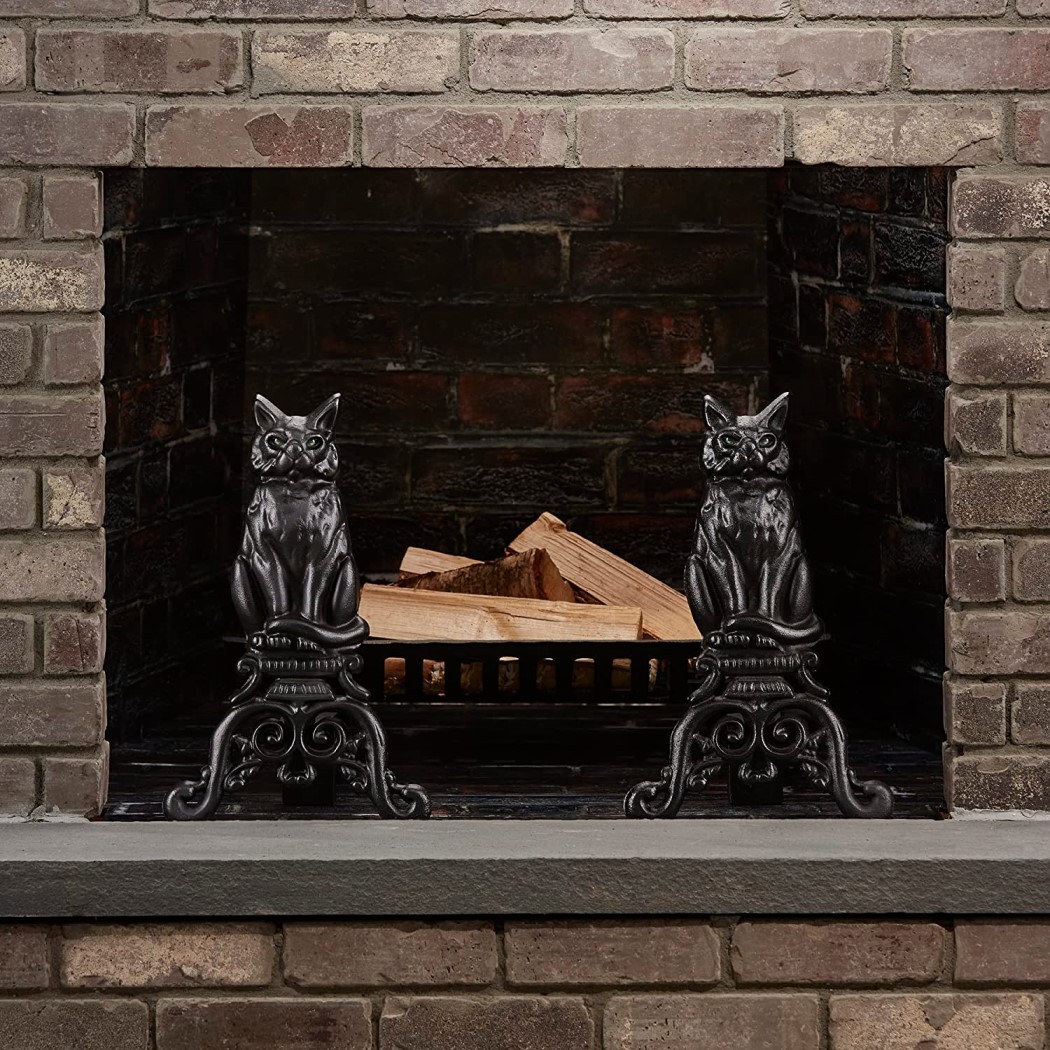 Cat Fireplace Andirons in Black with Reflective Glass Eyes