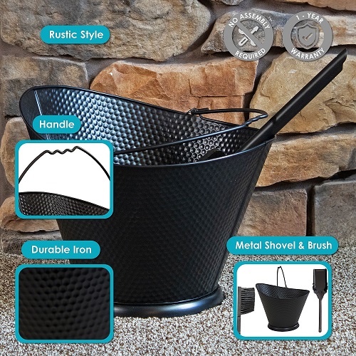 SunnyDaze 5 Gallon Iron Ash Bucket with Shovel and Brush