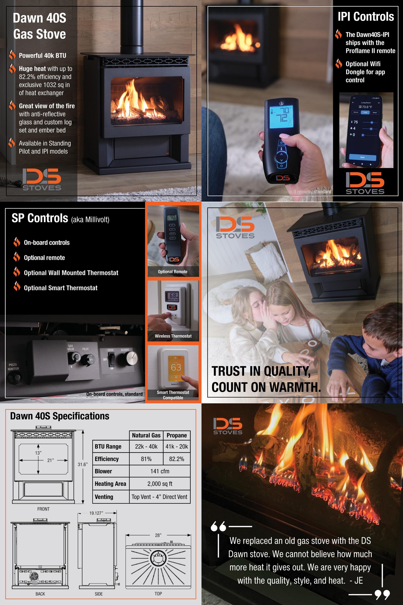 DS Stoves 28 Inch Dawn Series Direct Vent Gas Heating Stove -  Millivolt Pilot