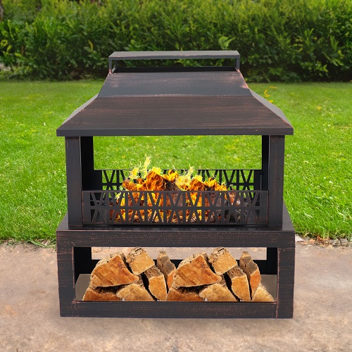 SunnyDaze 32 Inch Bronze-Look Woodburning Outdoor Fireplace with Log Storage