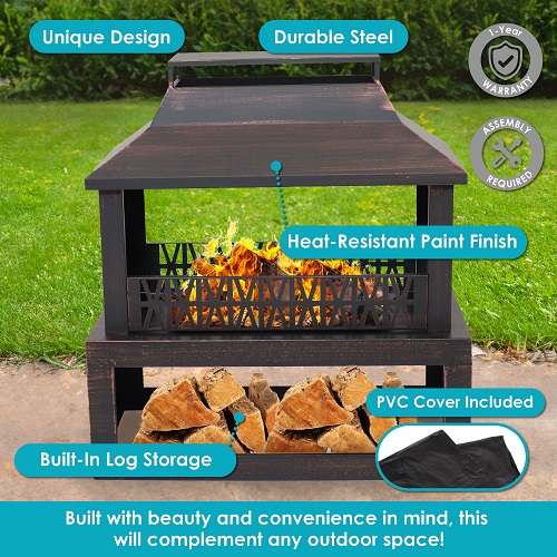 SunnyDaze 32 Inch Bronze-Look Woodburning Outdoor Fireplace with Log Storage