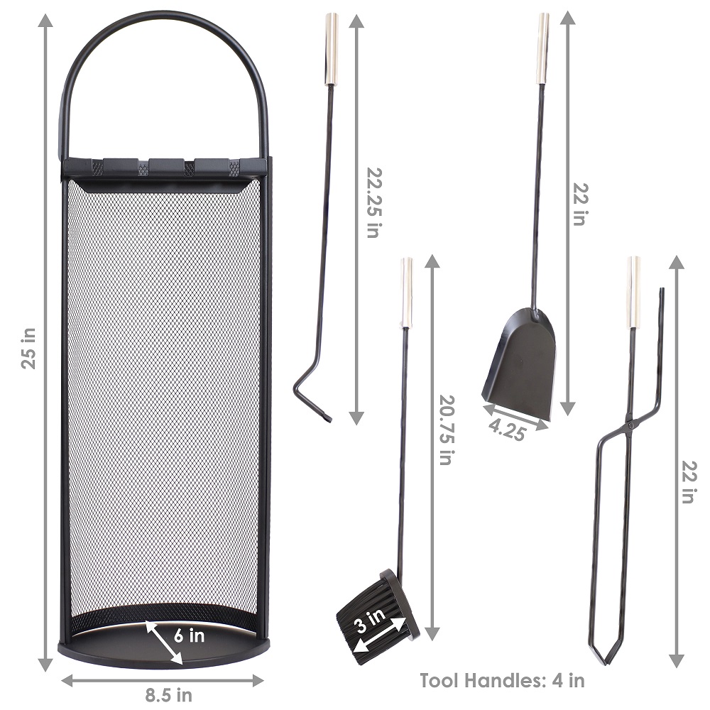 SunnyDaze 9 Inch Mesh Shroud and Four-Piece Fireplace Tool Set