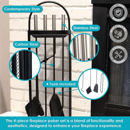 SunnyDaze 9 Inch Mesh Shroud and Four-Piece Fireplace Tool Set