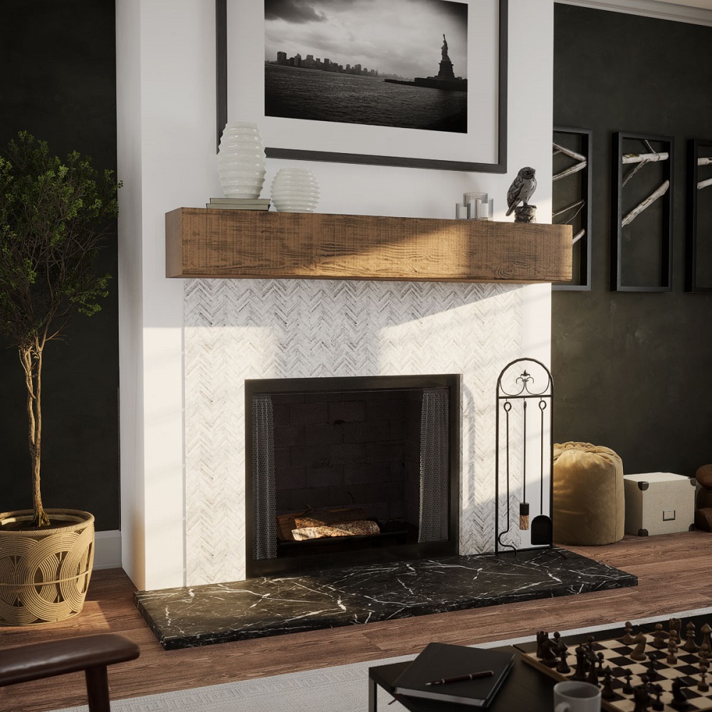 Ekena Millwork 84 Inch Heritage Timber Rustic Sawn Faux Wood Mantel Shelf - 10 Inch Depth