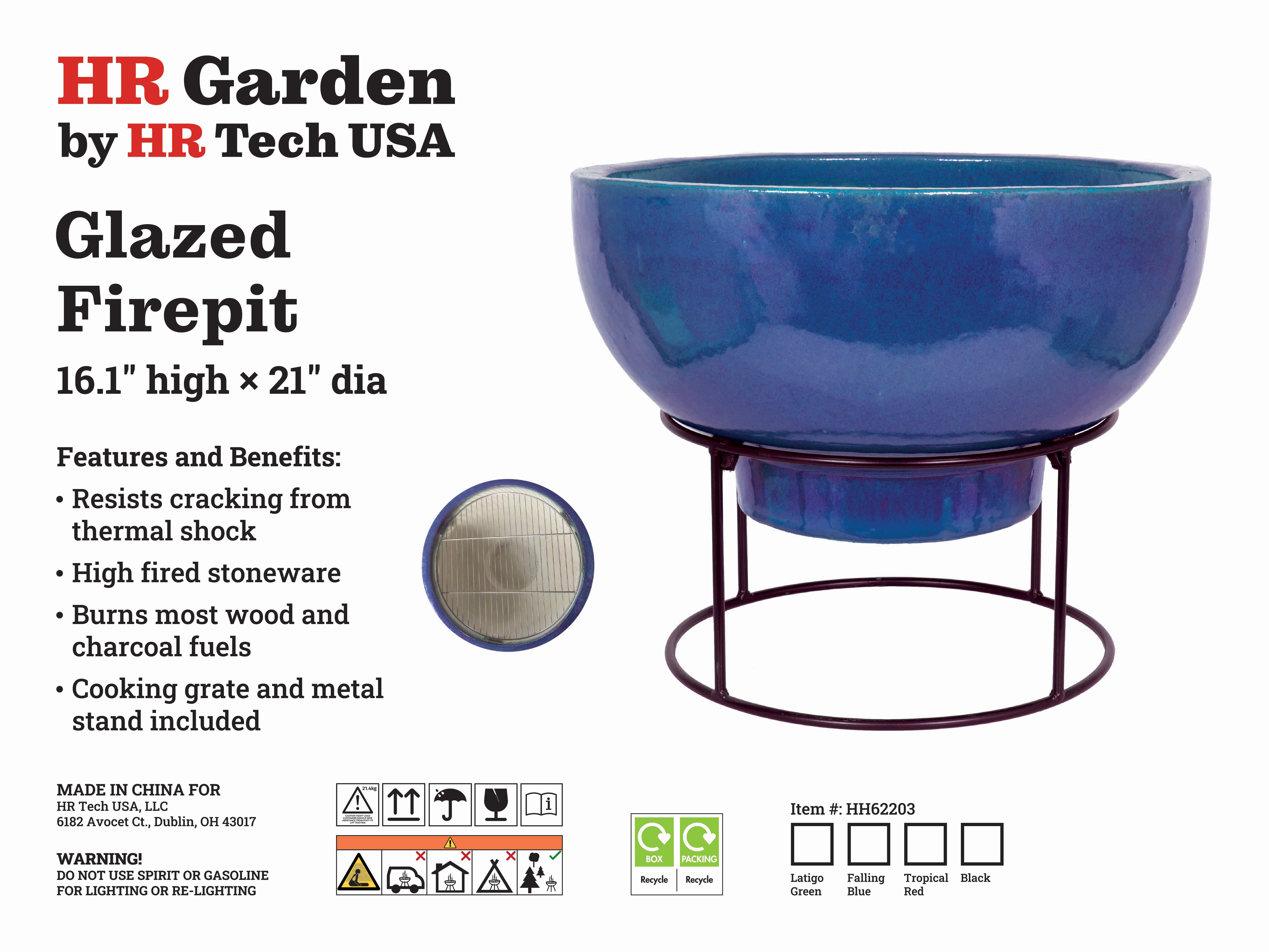 HR Tech USA 21 Inch Glazed Stoneware Multi-Fuel Fire Bowl