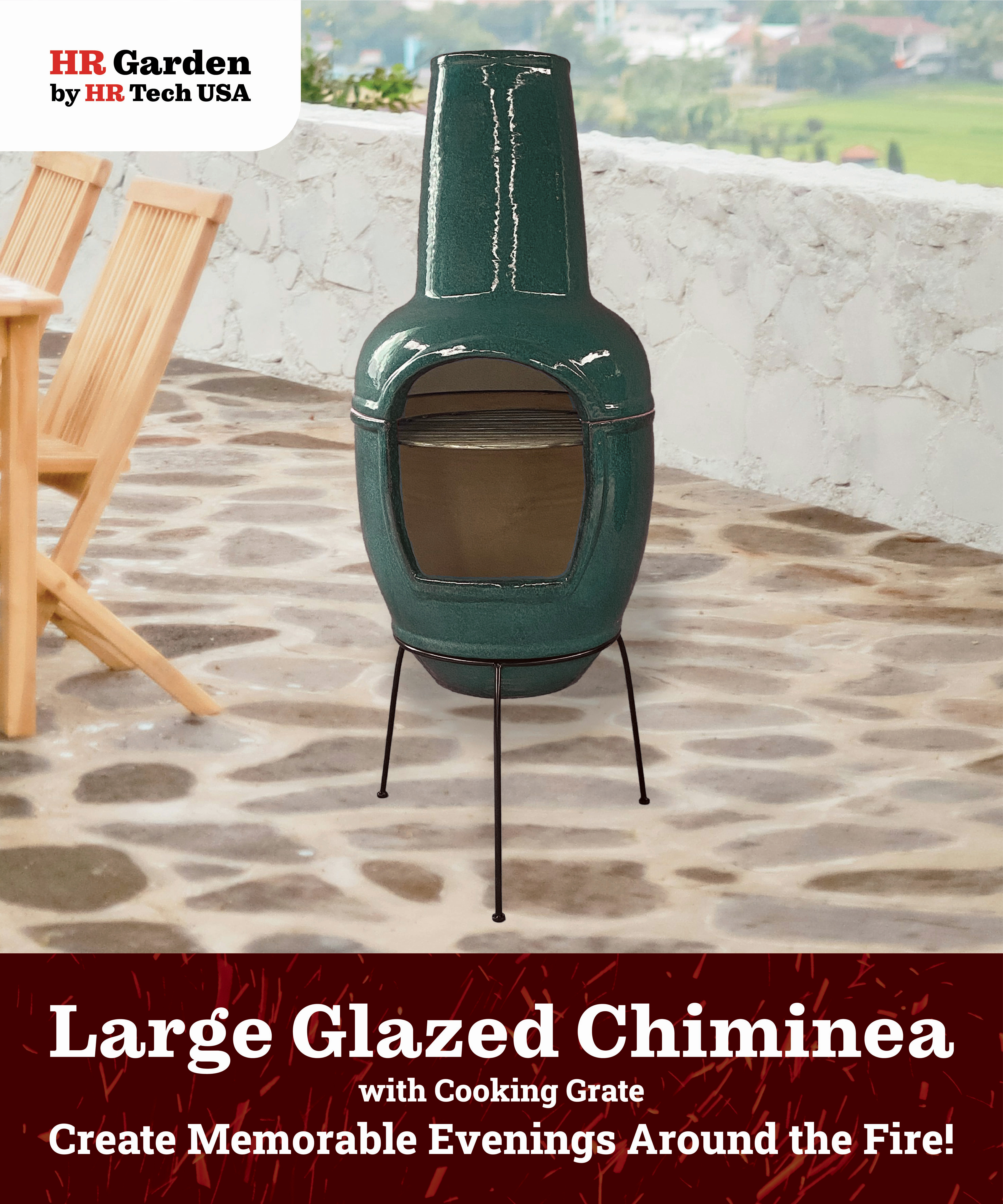 HR Tech USA 44 Inch Large Glazed Stoneware Multi-Fuel Chimenea