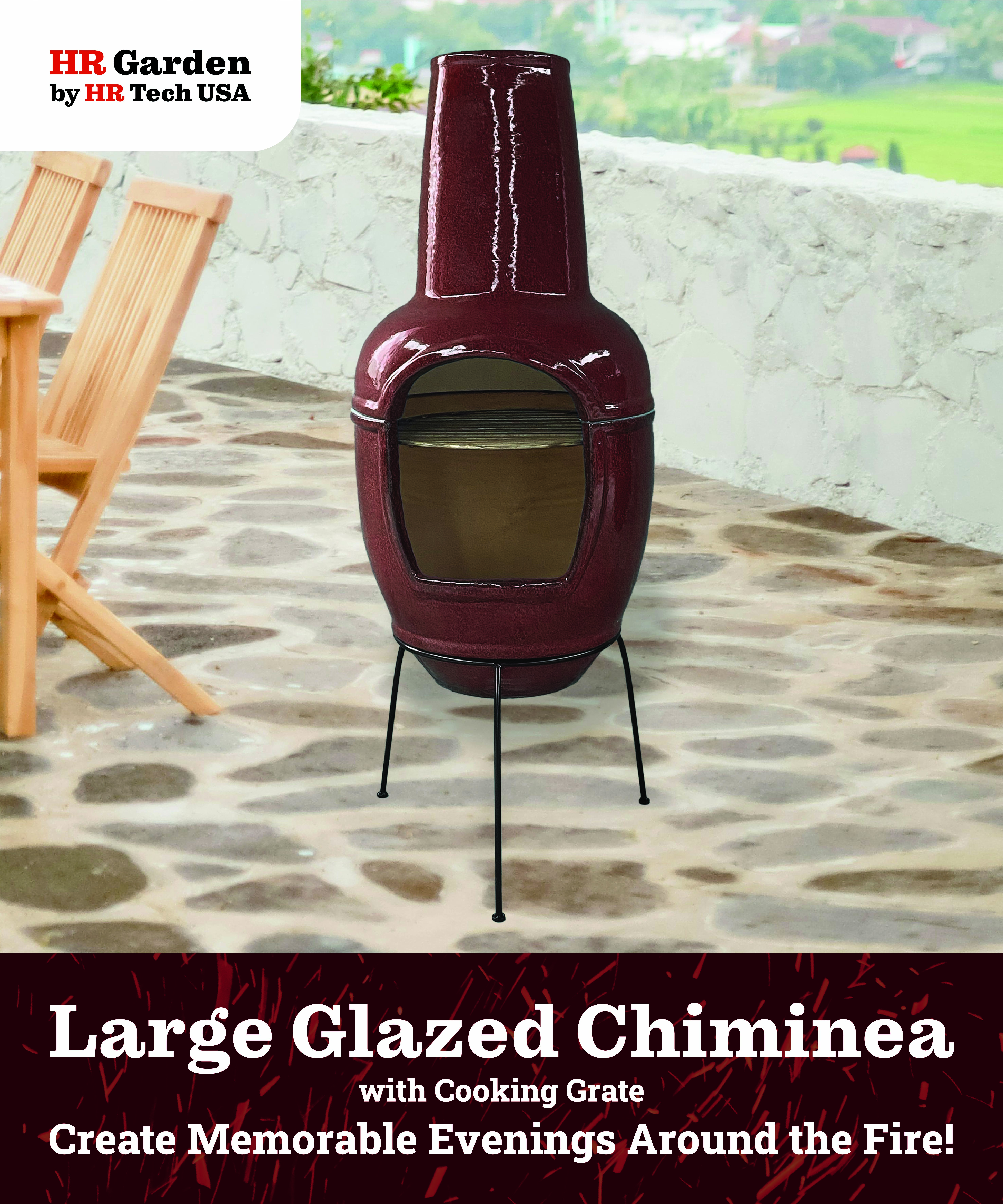 HR Tech USA 44 Inch Large Glazed Stoneware Multi-Fuel Chimenea