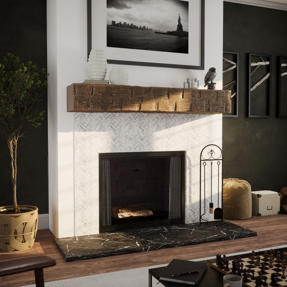 Ekena Millwork 90 Inch Heritage Timber Reclaimed Axed Cut Faux Wood Mantel Shelf - 8 Inch Depth