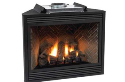 Empire Corner Mantel and Tahoe Premium 36 Inch Direct Vent Fireplace with Blower - Millivolt Pilot