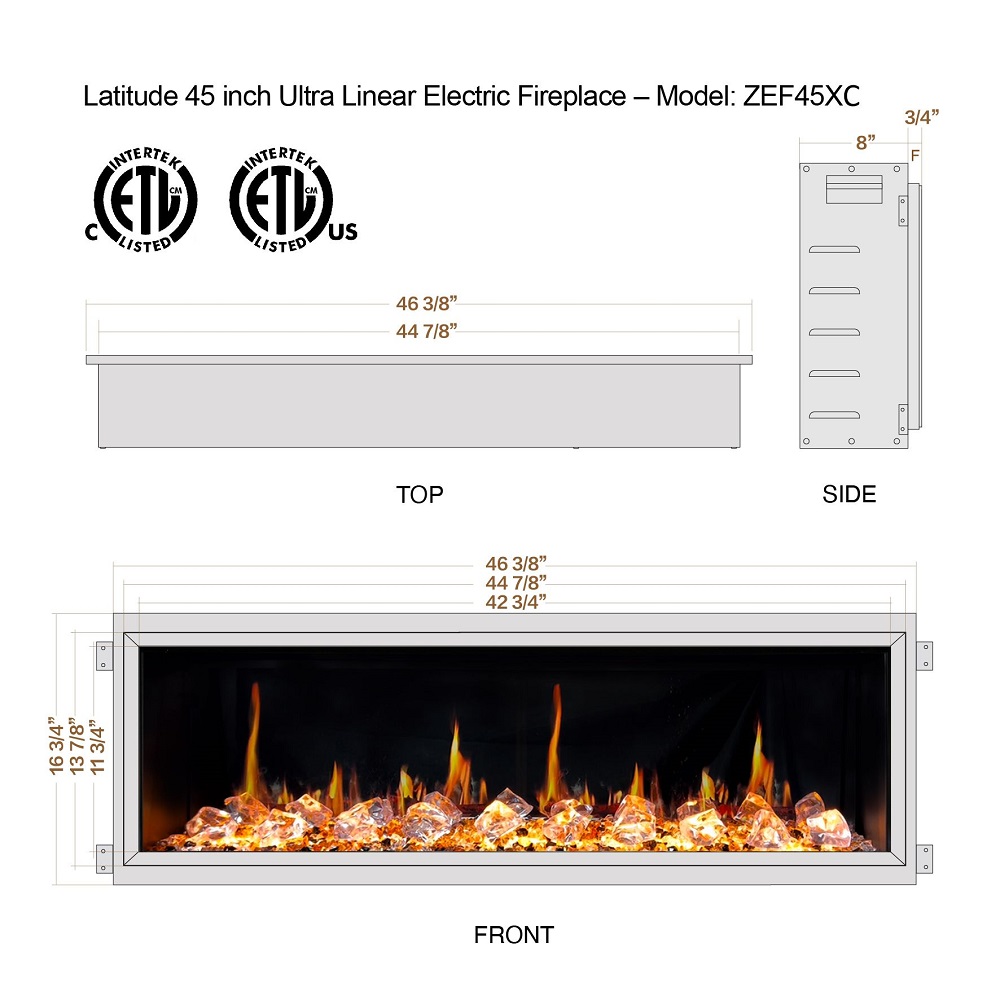 Litedeer Homes 45 Inch Latitude Built-In Linear Electric Fireplace with Fire Media