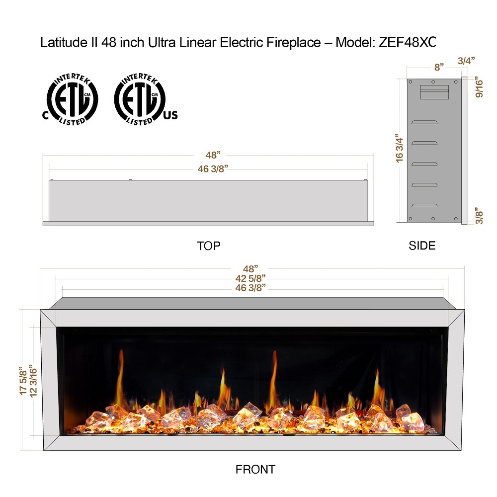 Litedeer Homes 48 Inch Latitude II Push-In Linear Electric Fireplace with Fire Media