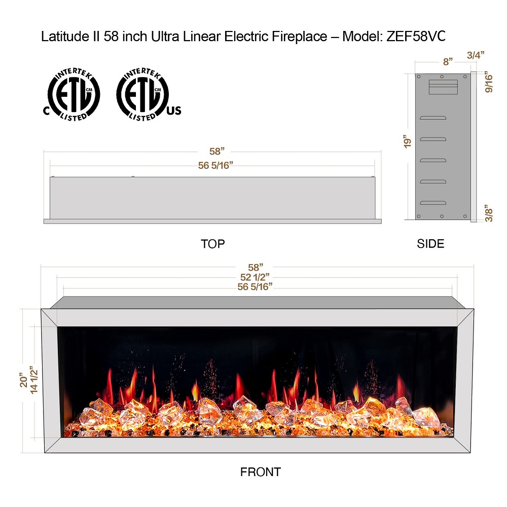 Litedeer Homes 58 Inch Latitude II Push-In Linear Electric Fireplace with Fire Media