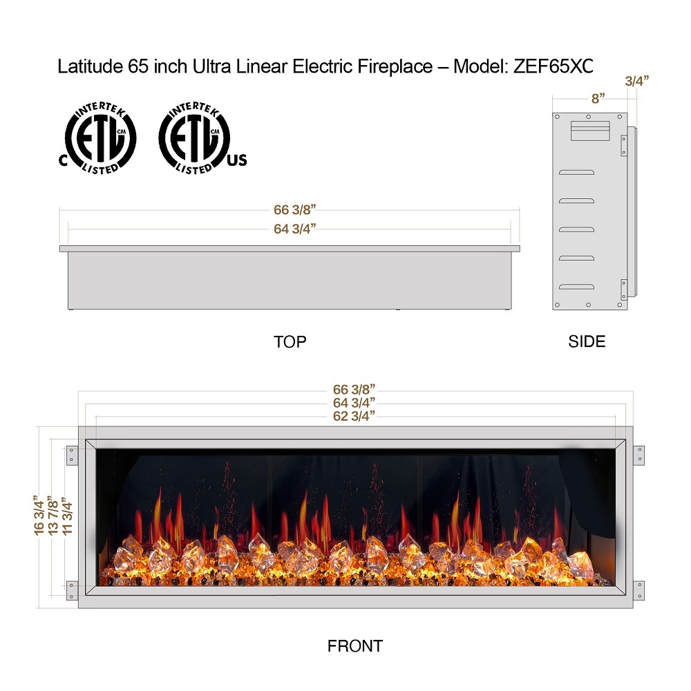 Litedeer Homes 65 Inch Latitude Built-In Linear Electric Fireplace with Fire Media