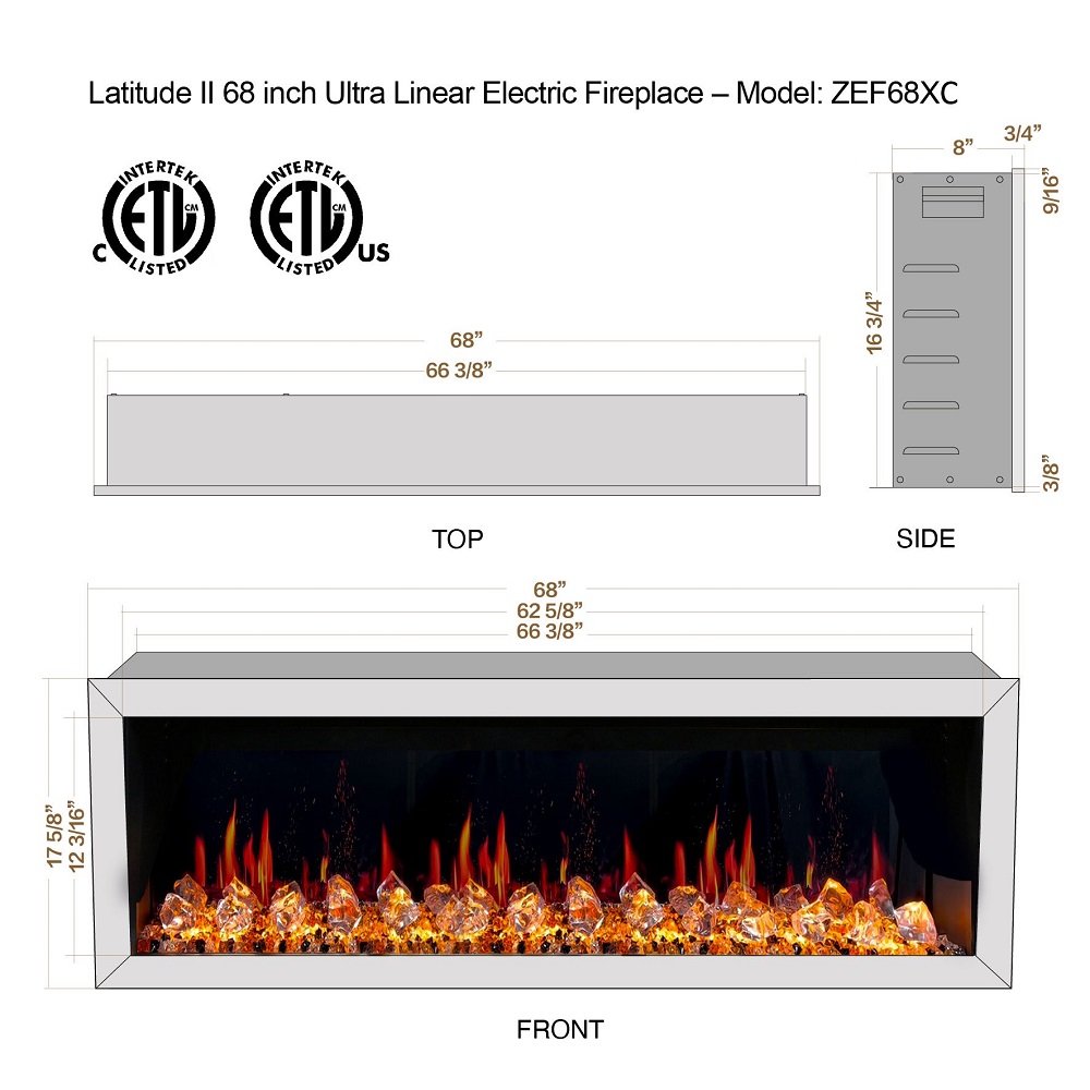 Litedeer Homes 68 Inch Latitude II Push-In Linear Electric Fireplace with Fire Media