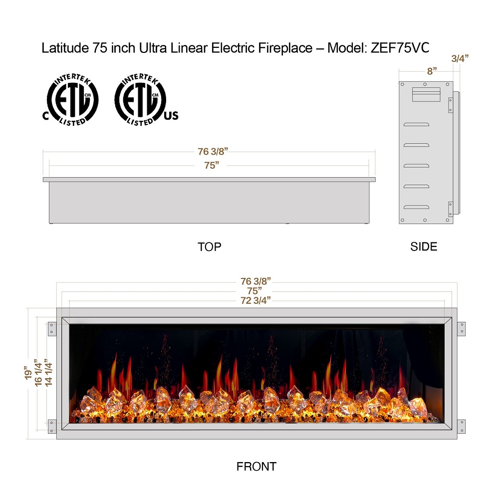 Litedeer Homes 75 Inch Latitude Built-In Linear Electric Fireplace with Fire Media