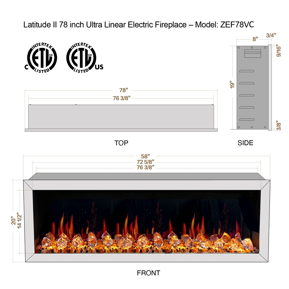 Litedeer Homes 78 Inch Latitude II Push-In Linear Electric Fireplace with Fire Media