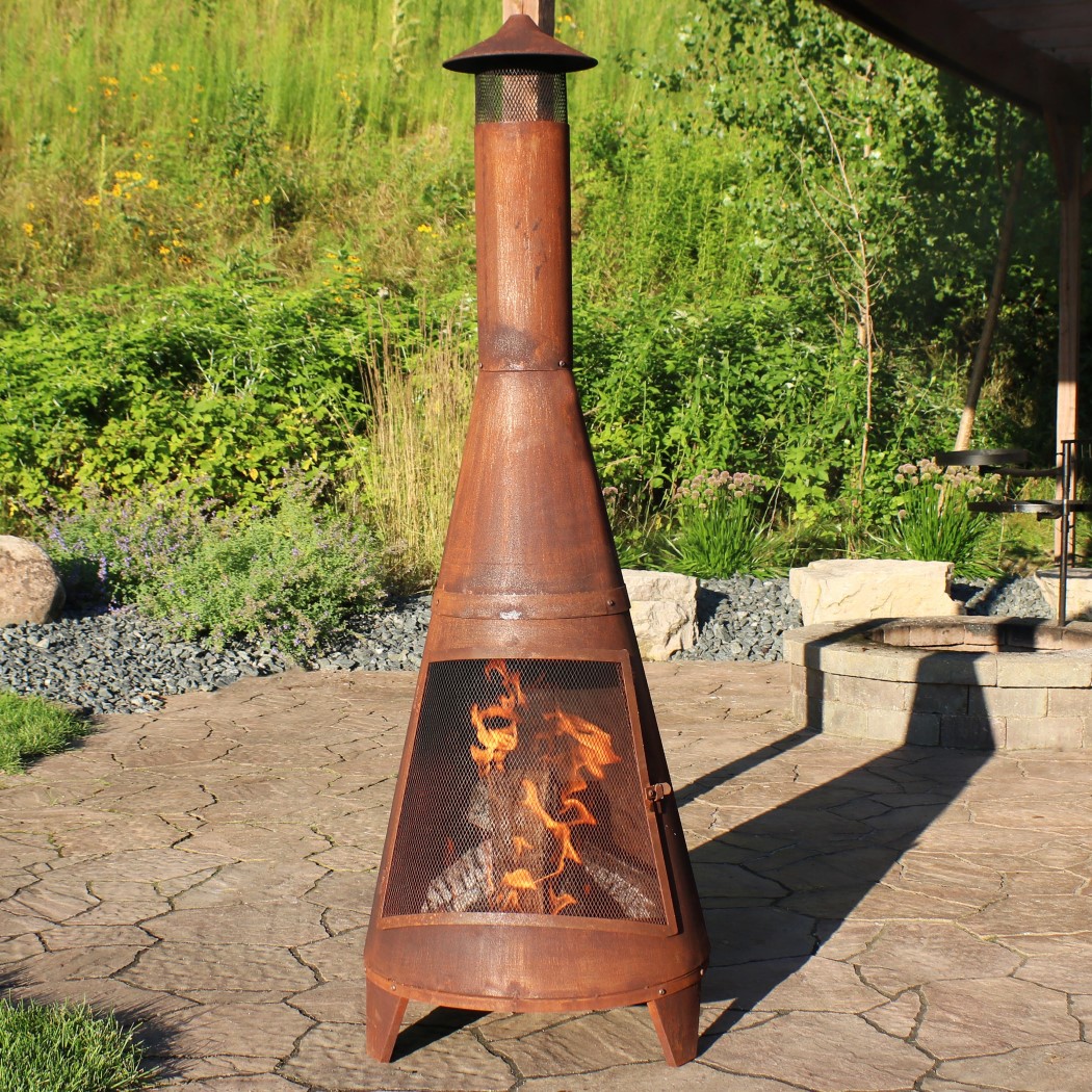 Sunnydaze 70 Inch Oxidized Steel Freestanding Outdoor Wood Burning Chiminea