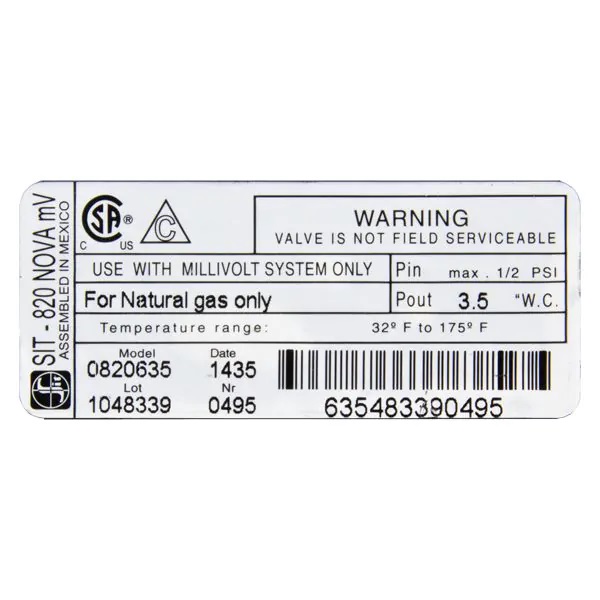 Superior SIT Millivolt Natural Gas Control Valve with Flame Modulation