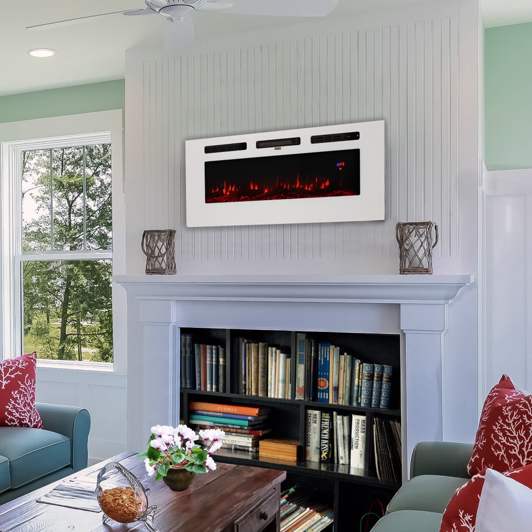 Sunnydaze 50 Inch White Indoor Wall-Mounted or Recesssed Electric Fireplace