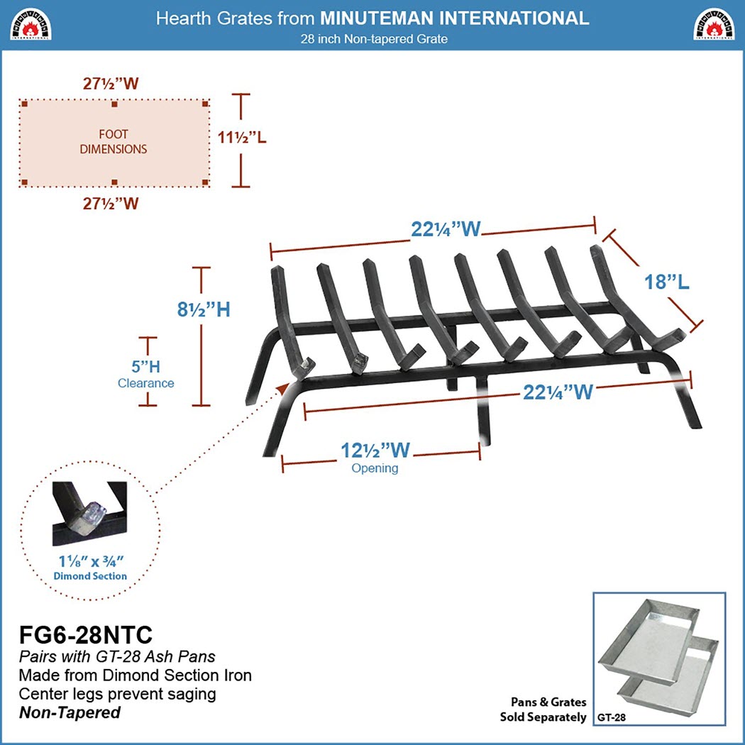 Minuteman 28 Inch Non-Tapered Fireplace Grate