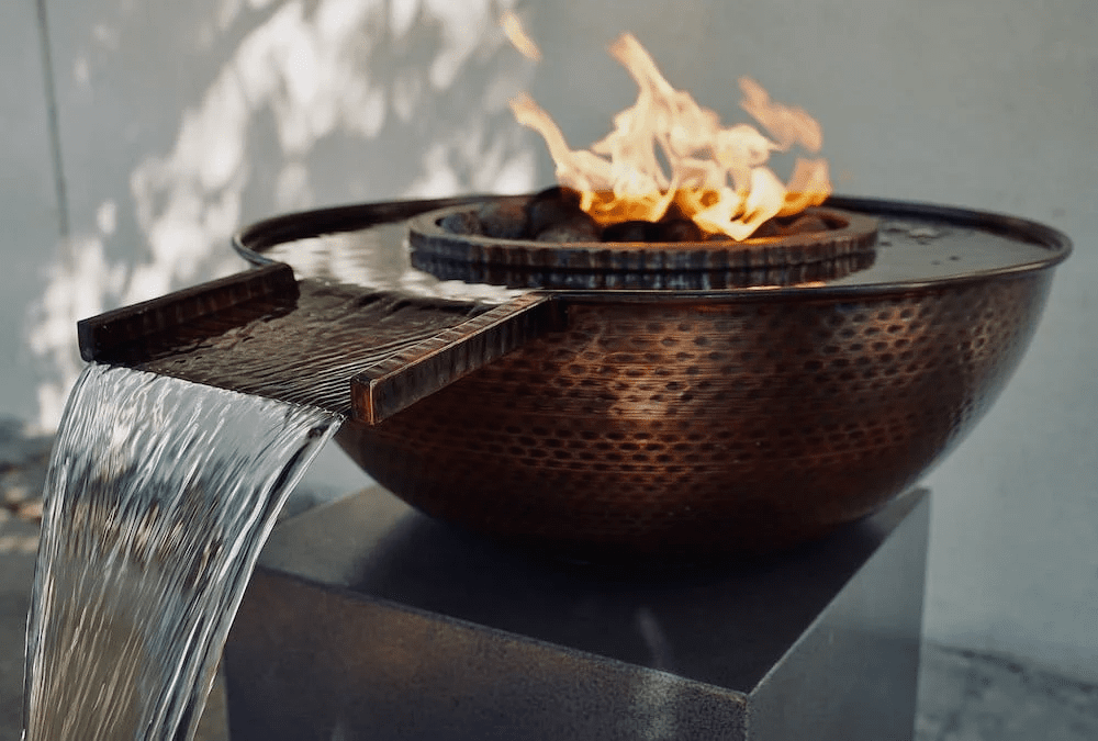 The Outdoor Plus 27 Inch Sedona Hammered Copper Gas Fire and Gravity Spill Water Bowl