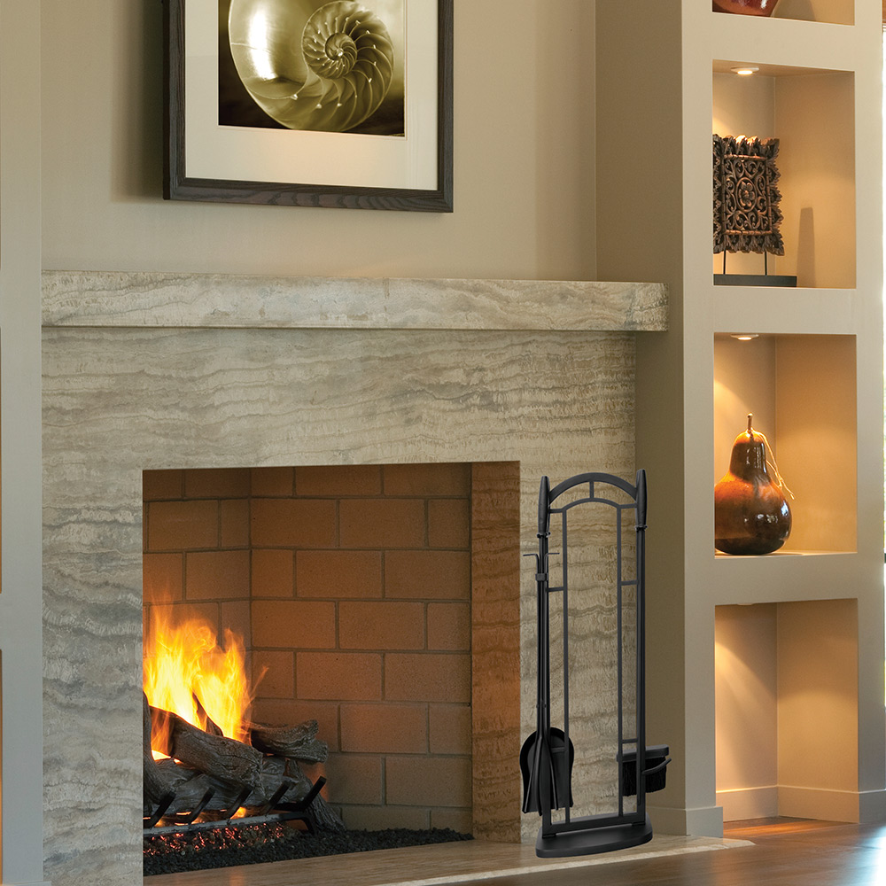 Uniflame 5 Piece Black Wrought Iron Fireplace Tool Set with Arched Stand
