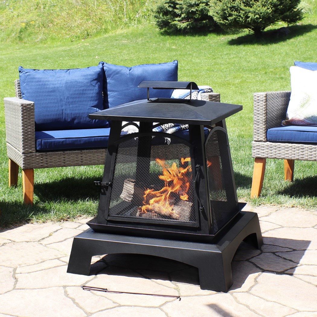 Sunnydaze 32 Inch Black Steel Pagoda Style Outdoor Wood Burning Fire Pit