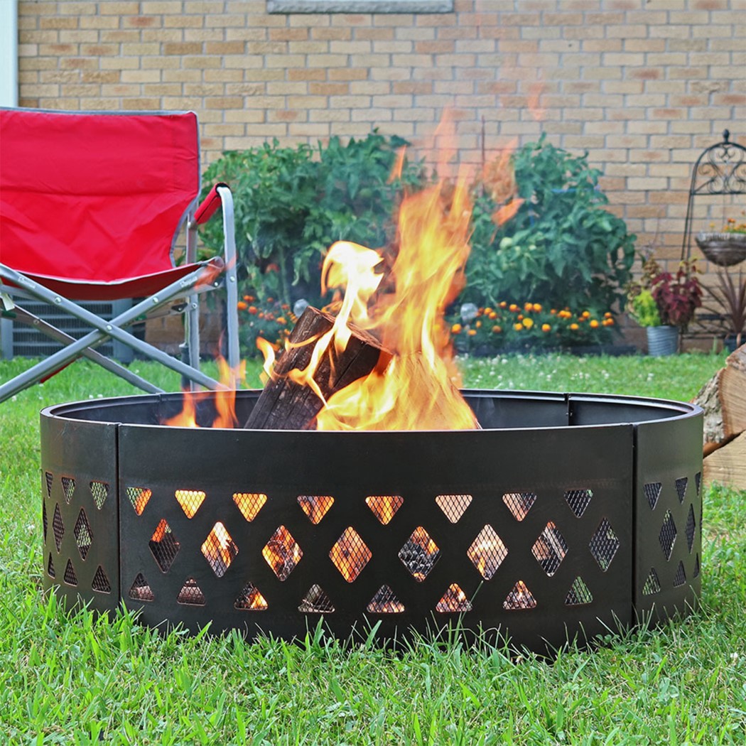 Sunnydaze 36 Inch Black Steel Crossweave Cutout Portable Outdoor Wood Burning Fire Pit Ring
