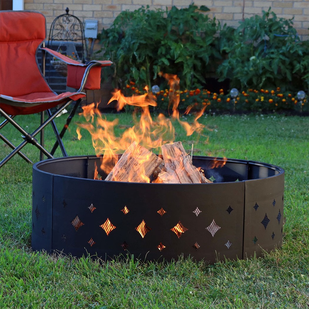 Sunnydaze 36 Inch Black Steel Diamond Cutout Portable Outdoor Wood Burning Fire Pit Ring