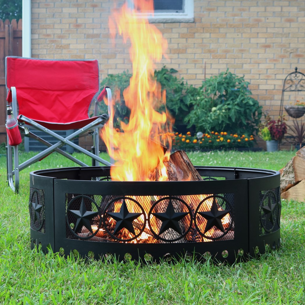 Sunnydaze 36 Inch Black Steel Four Star Cutout Portable Outdoor Wood Burning Fire Pit Ring