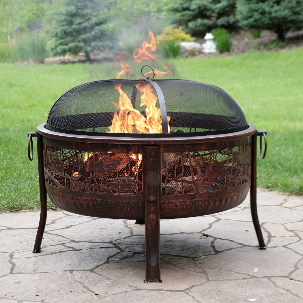Sunnydaze 30 Inch Bronze Steel Northwoods Fishing Outdoor Wood Burning Fire Pit
