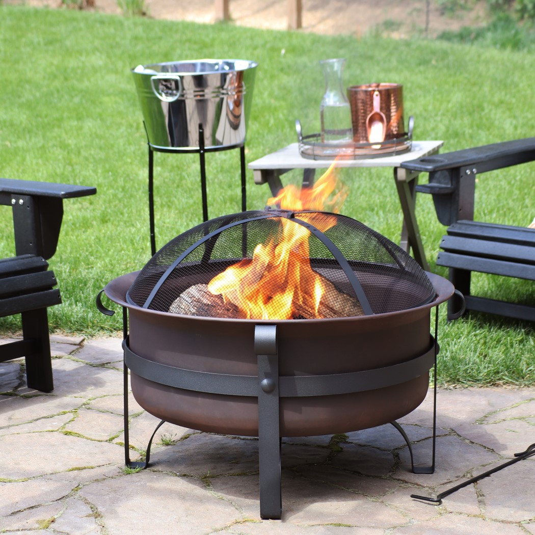 Sunnydaze 29 Inch Bronze Steel Cauldron Outdoor Wood Burning Fire Bowl