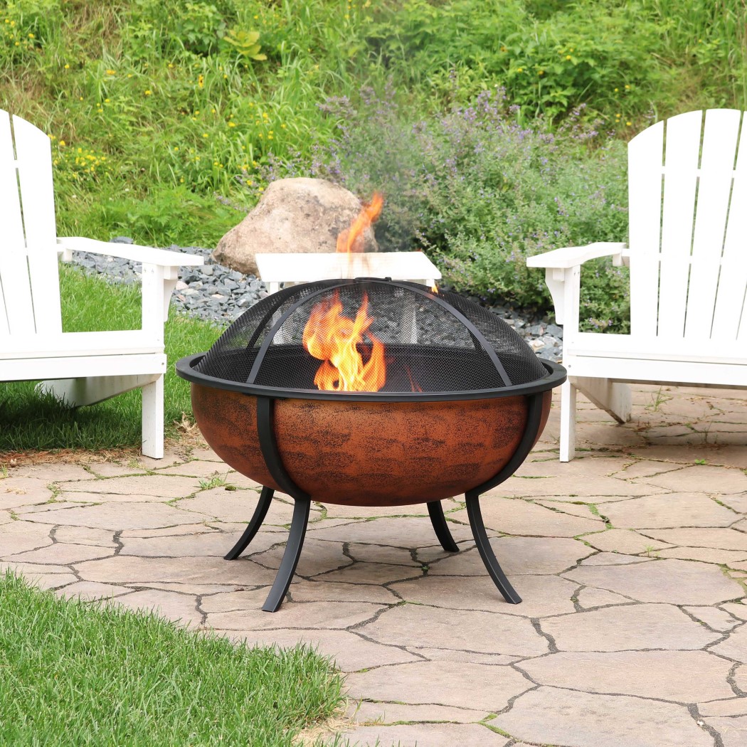 Sunnydaze 32 Inch Copper Steel Raised Portable Outdoor Wood Burning Fire Bowl