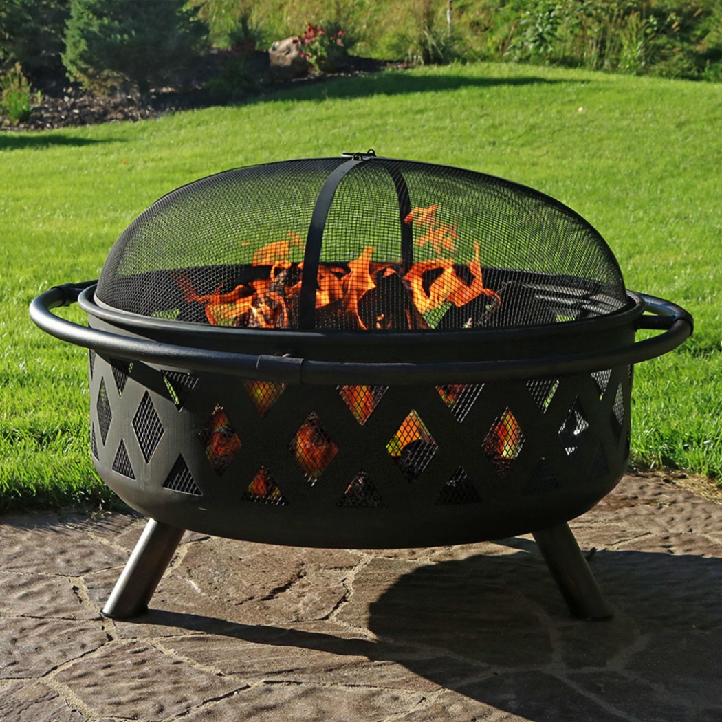 Sunnydaze 36 Inch Black Steel Crossweave Cutout Outdoor Wood Burning Fire Pit