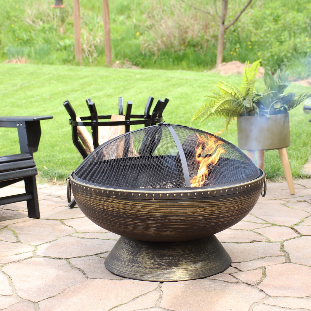 Sunnydaze 30 Inch Bronze Steel Royal Cauldron Outdoor Wood Burning Fire Bowl