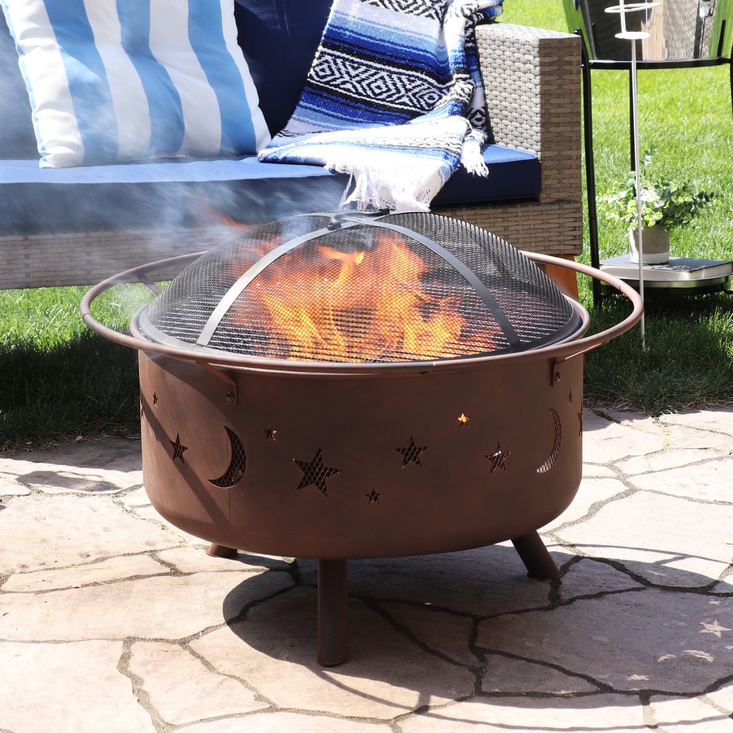 Sunnydaze 30 Inch Steel Cosmic Stars and Moons Outdoor Cooking Wood Burning Fire Pit