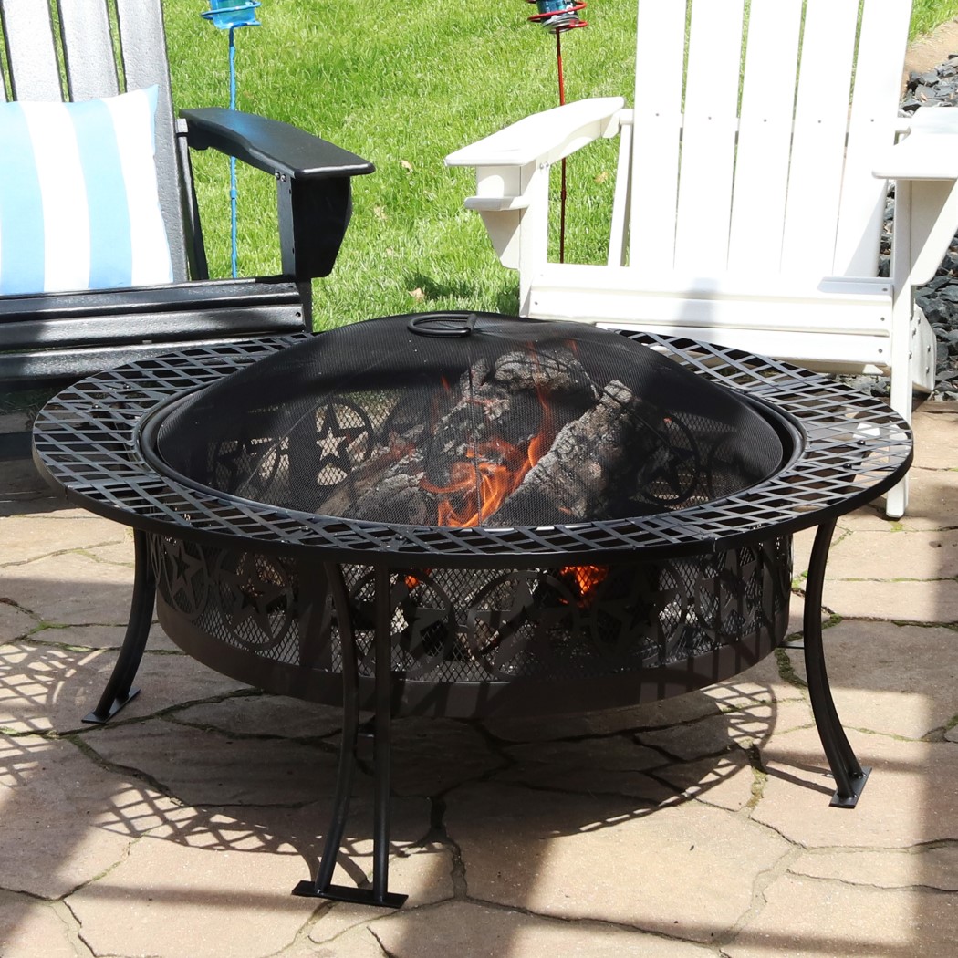 Sunnydaze 40 Inch Black Steel Four Star Outdoor Wood Burning Fire Table